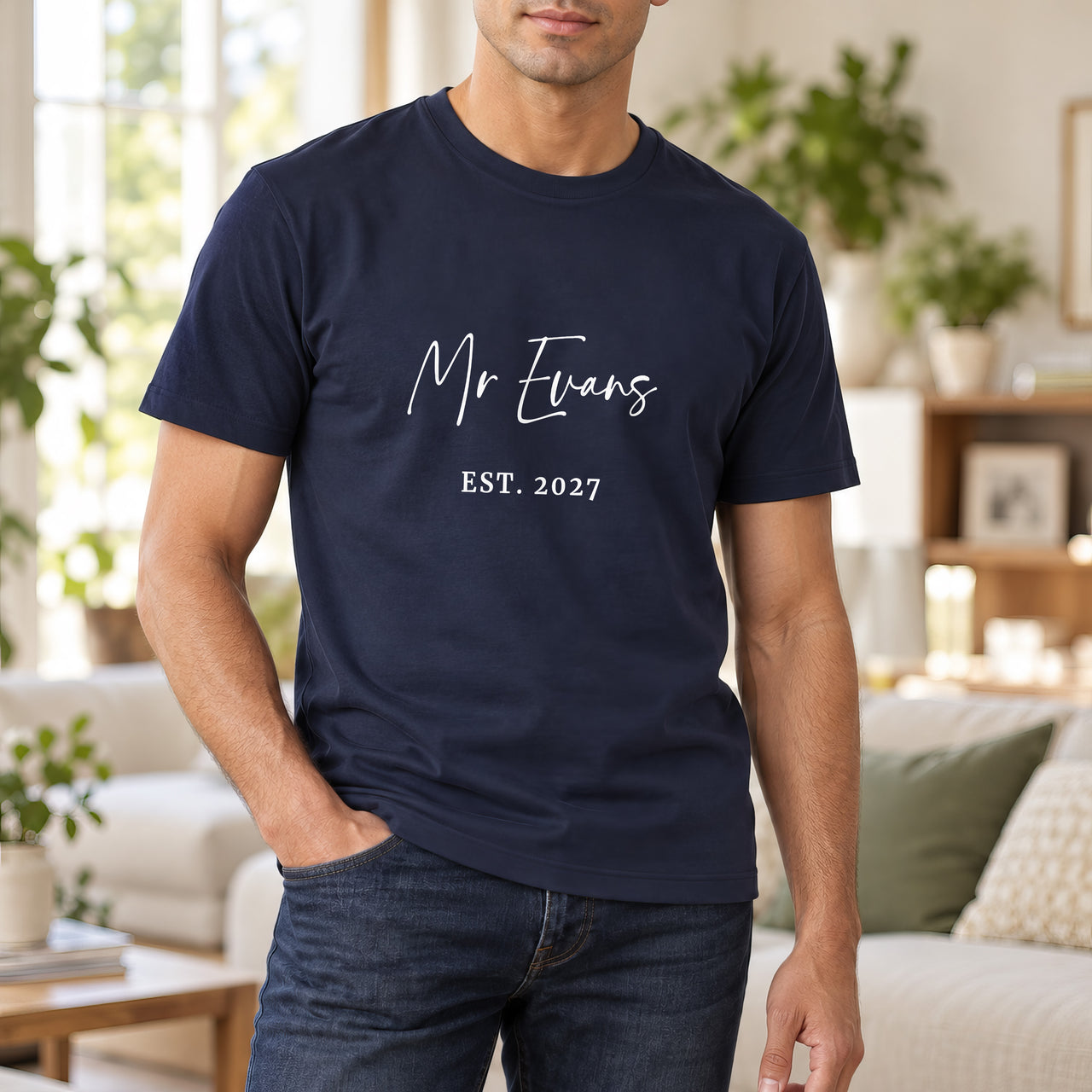Mr Surname Iron-On Transfer - Personalised Wedding Established Year Design, shown on a navy t-shirt