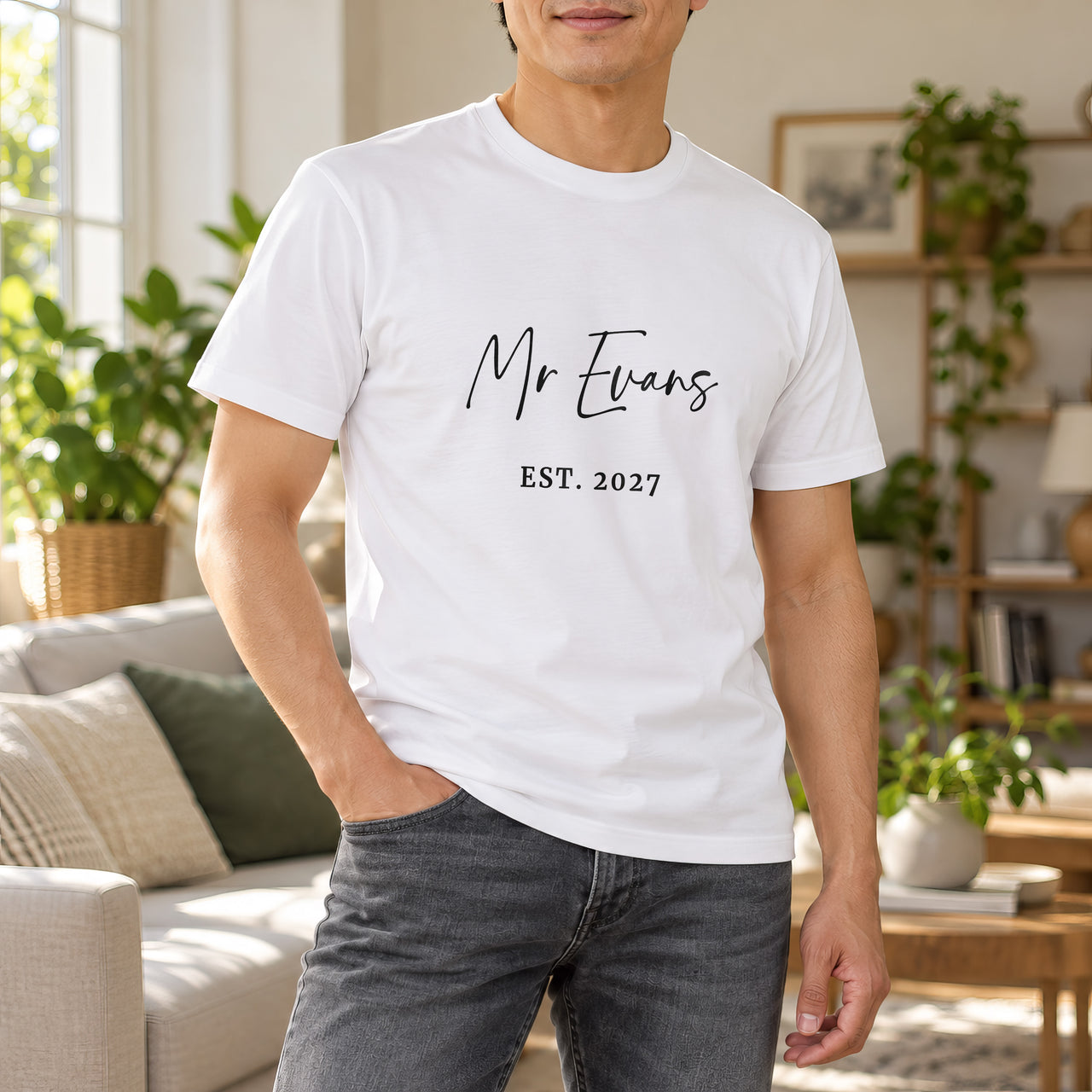 Mr Surname Iron-On Transfer - Personalised Wedding Established Year Design, shown on a white t-shirt