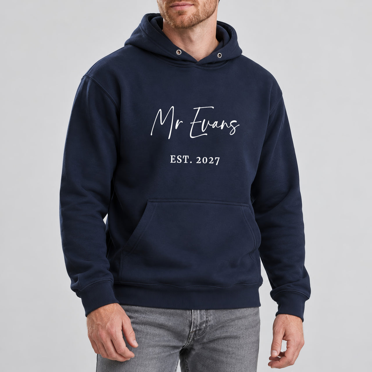 Mr Surname Iron-On Transfer - Personalised Wedding Established Year Design, shown on a navy hoodie