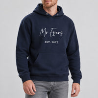 Mr Surname Iron-On Transfer - Personalised Wedding Established Year Design, shown on a navy hoodie