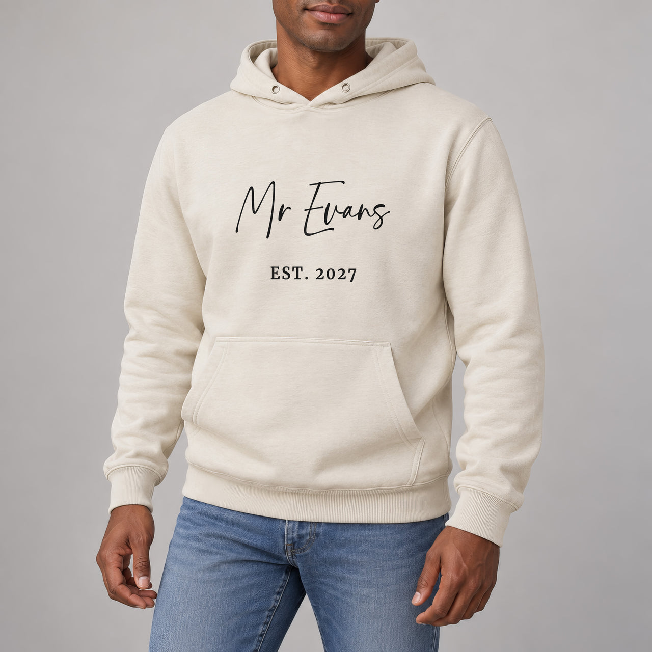 Mr Surname Iron-On Transfer - Personalised Wedding Established Year Design, shown on a natural hoodie