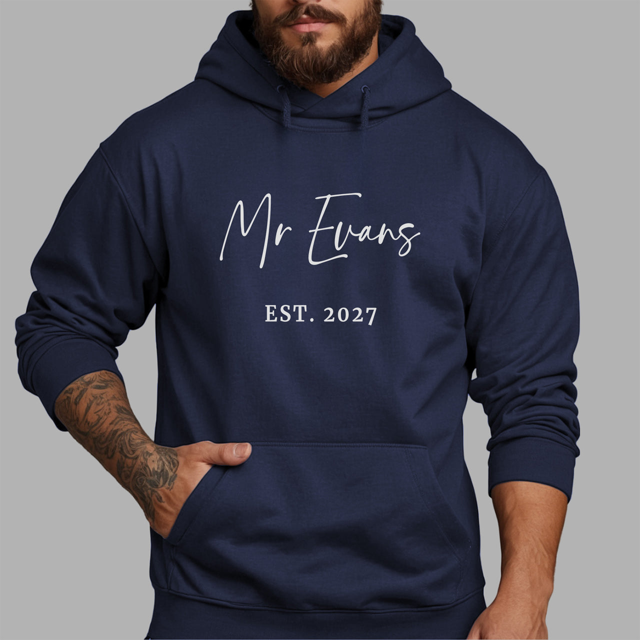 Mr Surname Iron-On Transfer - Personalised Wedding Established Year Design shown on a hoodie