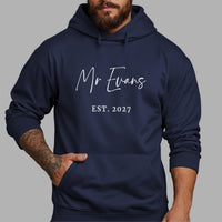 Mr Surname Iron-On Transfer - Personalised Wedding Established Year Design shown on a hoodie