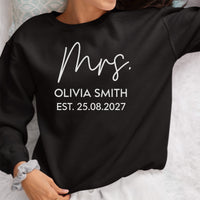 Mrs Est. Iron-On Transfer - Personalised Wedding HTV Design shown on a sweatshirt