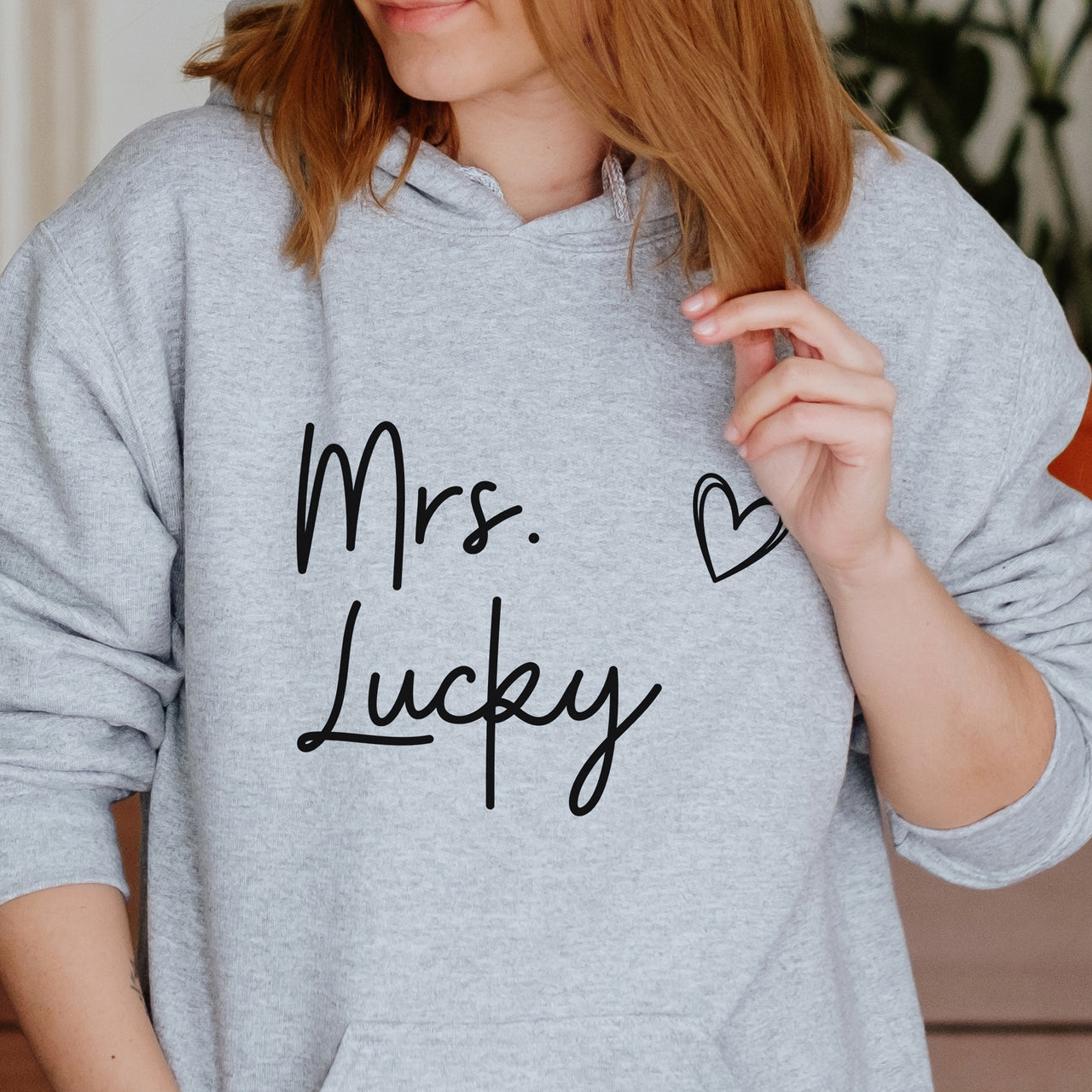 Mrs Lucky Iron-On Transfer - Shamrock Bride Design shown on a hoodie