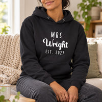 Mrs Surname Est. Iron-On Transfer - Personalised Wedding Couple Design, shown on a black hoodie