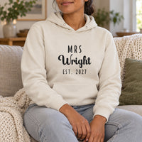 Mrs Surname Est. Iron-On Transfer - Personalised Wedding Couple Design, shown on a natural hoodie
