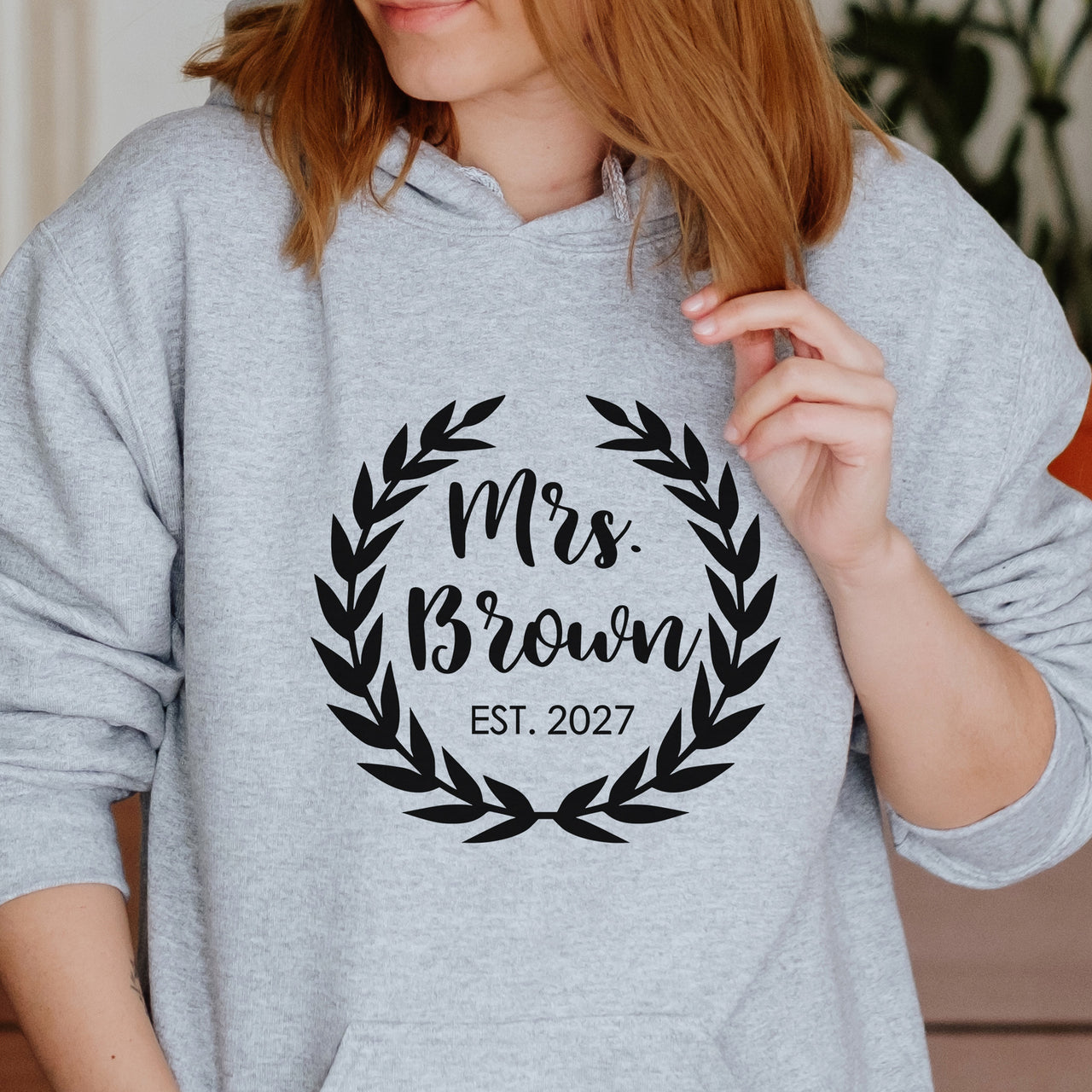 Mrs Surname Est. Iron-On Transfer - Personalised Wedding Design shown on a hoodie
