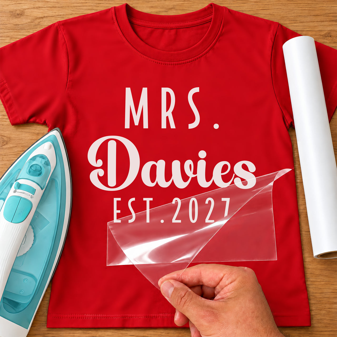 Red T-shirt with white 'MRS. Davies EST.2027' lettering, carrier film being peeled - personalised iron-on vinyl transfer