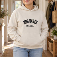 Mrs Surname Heart Est. Year Iron-On Transfer, shown on a natural hoodie