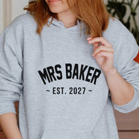 Mrs Surname Heart Est. Year Iron-On Transfer shown on a hoodie