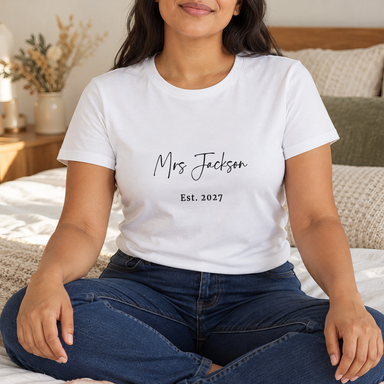 Mrs Surname Iron-On Transfer - Personalised Wedding Established Year Design, shown on a white t-shirt