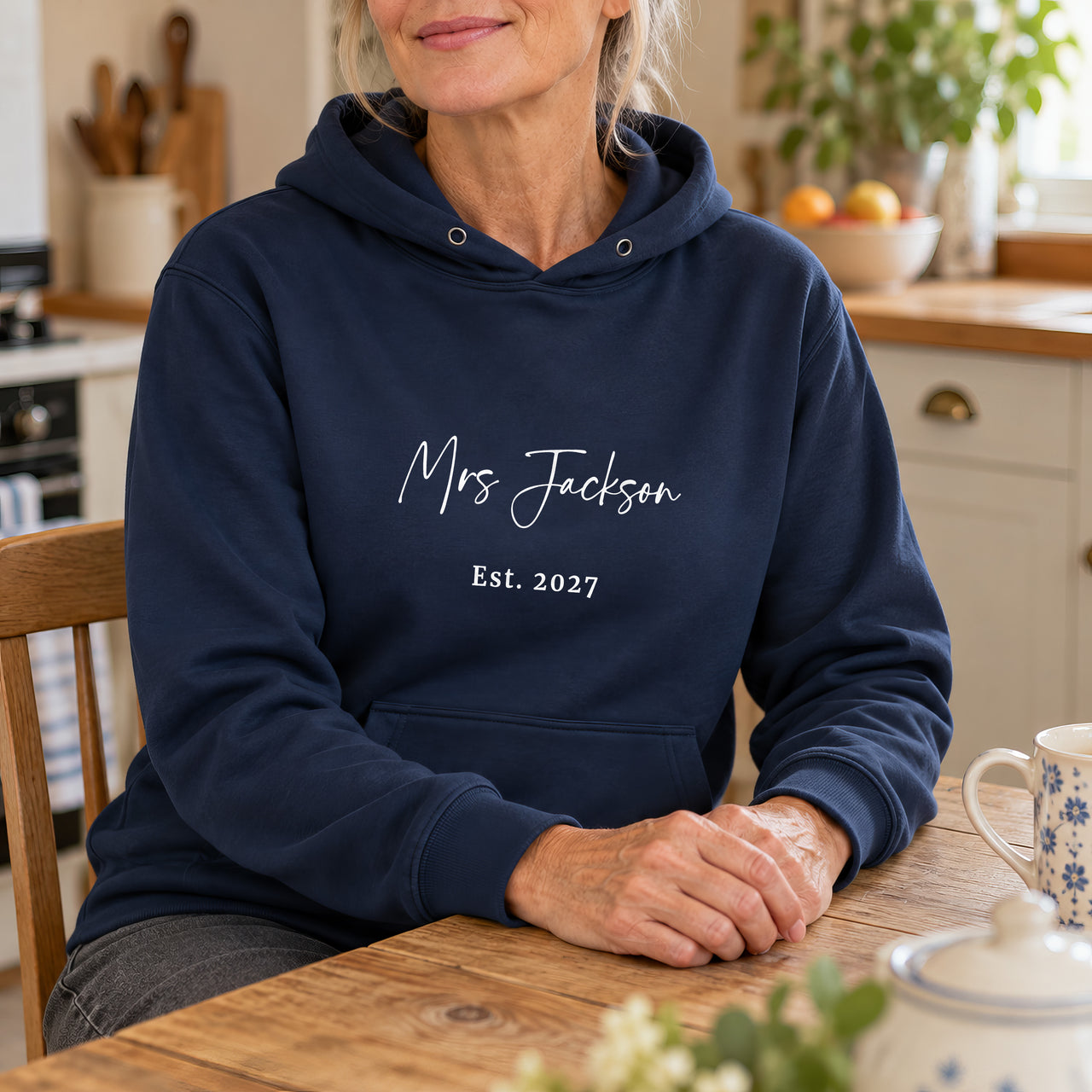 Mrs Surname Iron-On Transfer - Personalised Wedding Established Year Design, shown on a navy hoodie