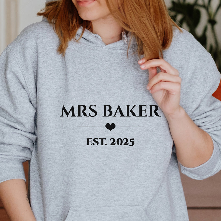 Mrs Surname Iron-On Transfer - Personalised Wedding Serif Design - photo of the finished product