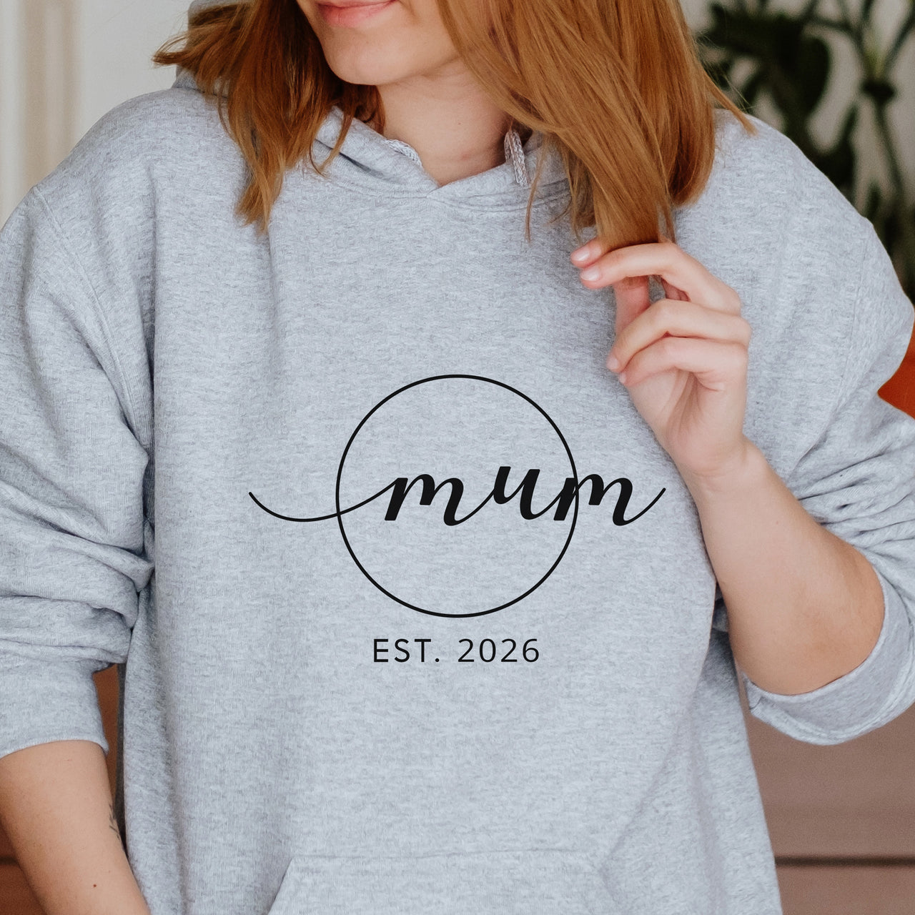 Mum Est. Iron-On Transfer - Personalised New Mum Design shown on a hoodie