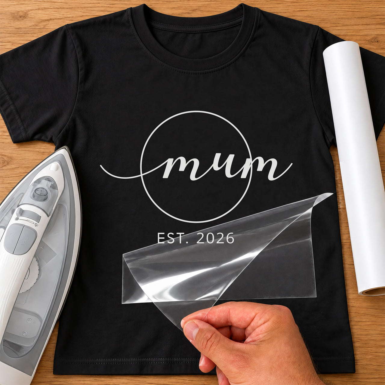 Mockup: black T-shirt with white script "mum" through a thin circle and "EST. 2026" below, iron and carrier sheet