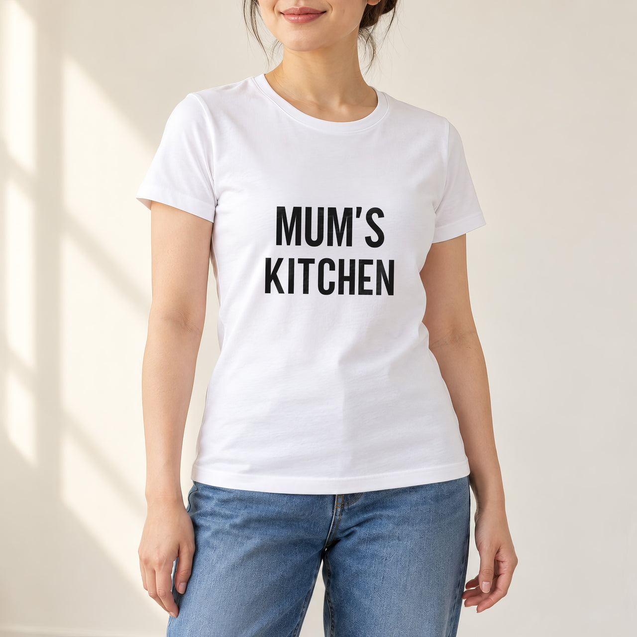 White T-shirt with the Mum's Kitchen design printed on the chest