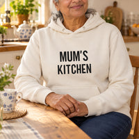 Sand hoodie with the Mum's Kitchen design printed on the chest