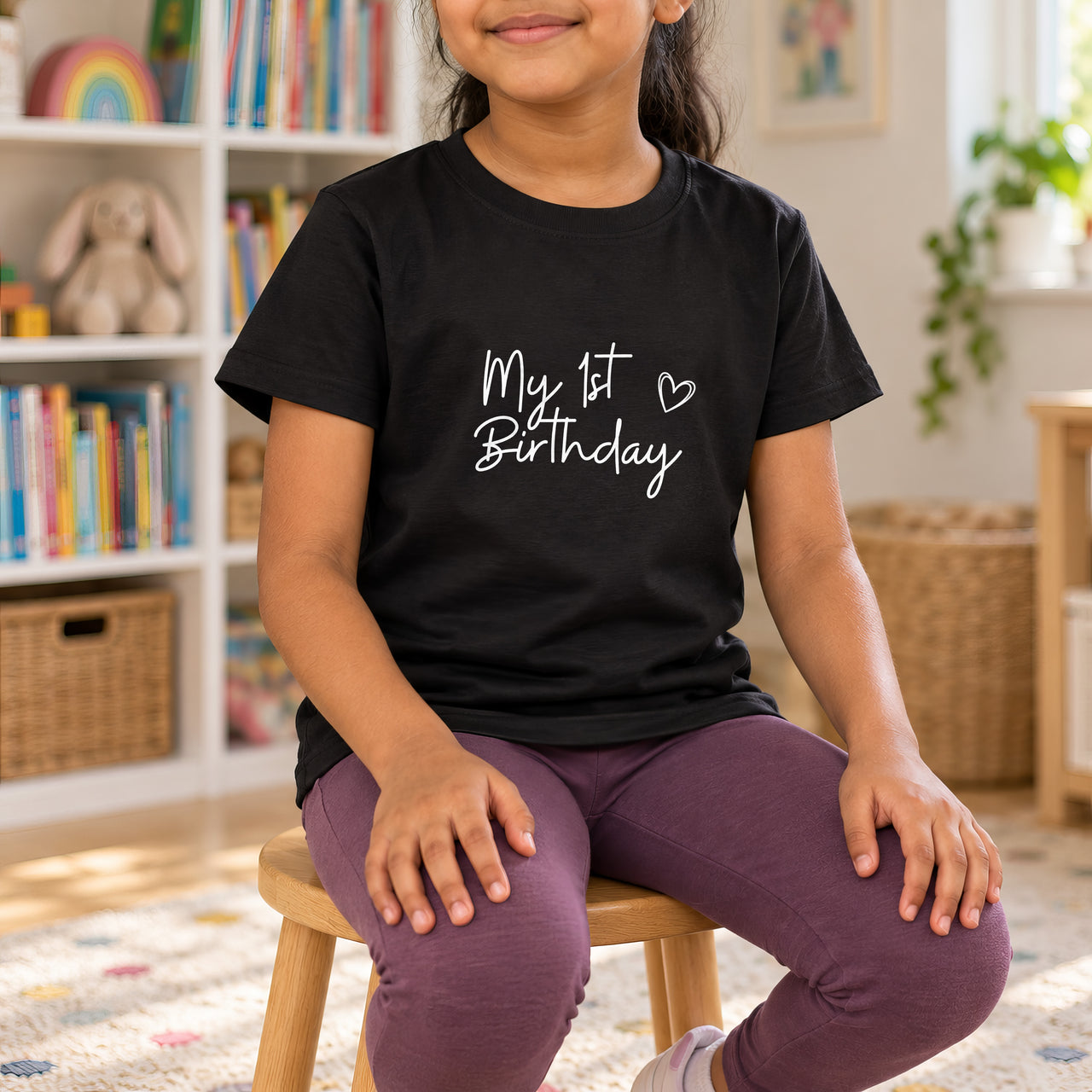 My 1st Birthday Iron-On Transfer - Ready-Made Slogan Design, shown on a black kids t-shirt
