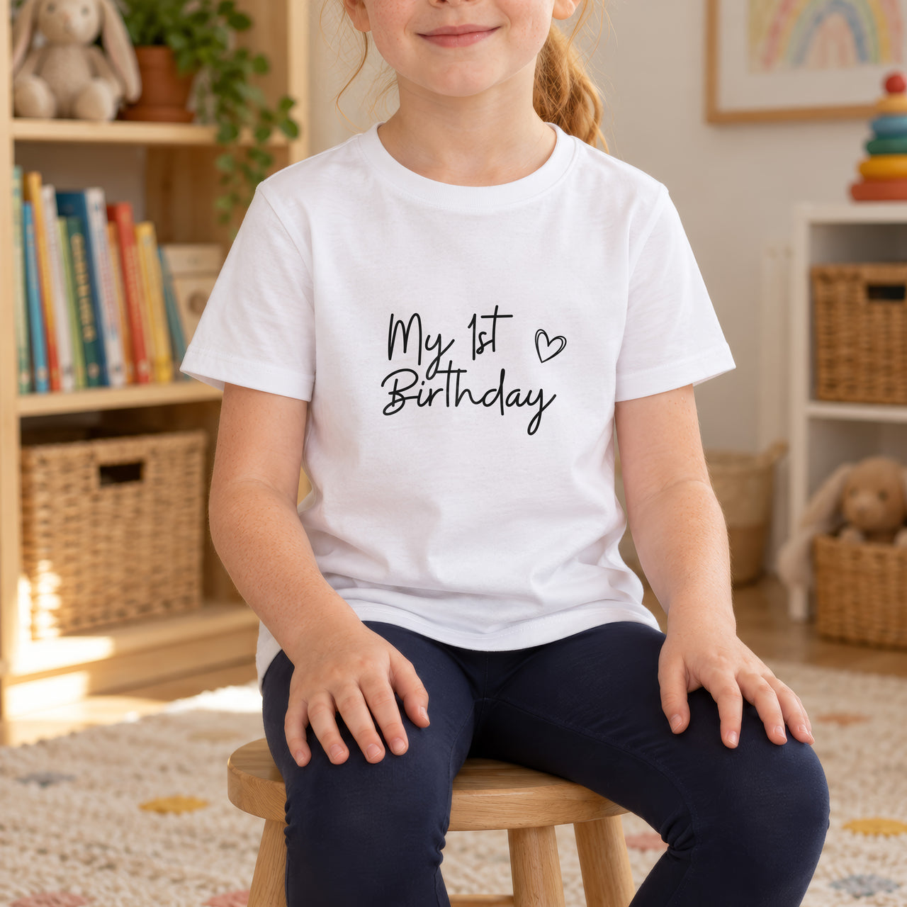 My 1st Birthday Iron-On Transfer - Ready-Made Slogan Design, shown on a white kids t-shirt