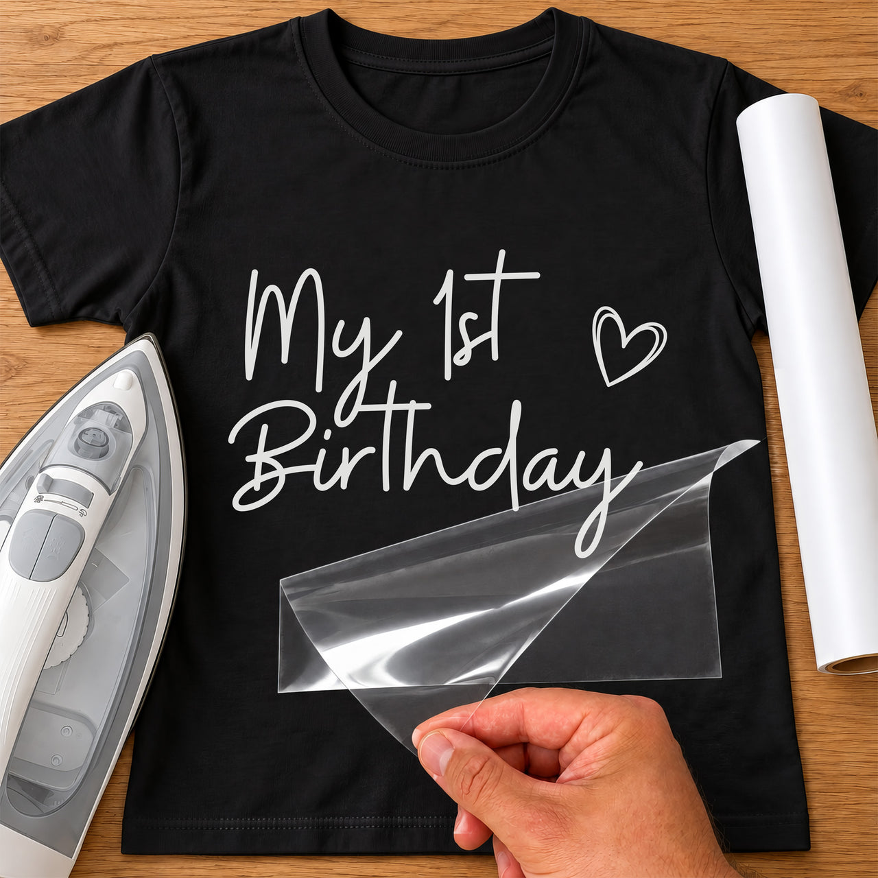 My First Birthday iron-on transfer: white My 1st Birthday script with a heart on a black T-shirt, film being peeled