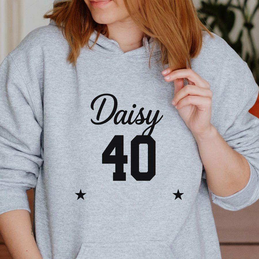 Name & Age Birthday Hoodie Iron-On Transfer - photo of the finished product