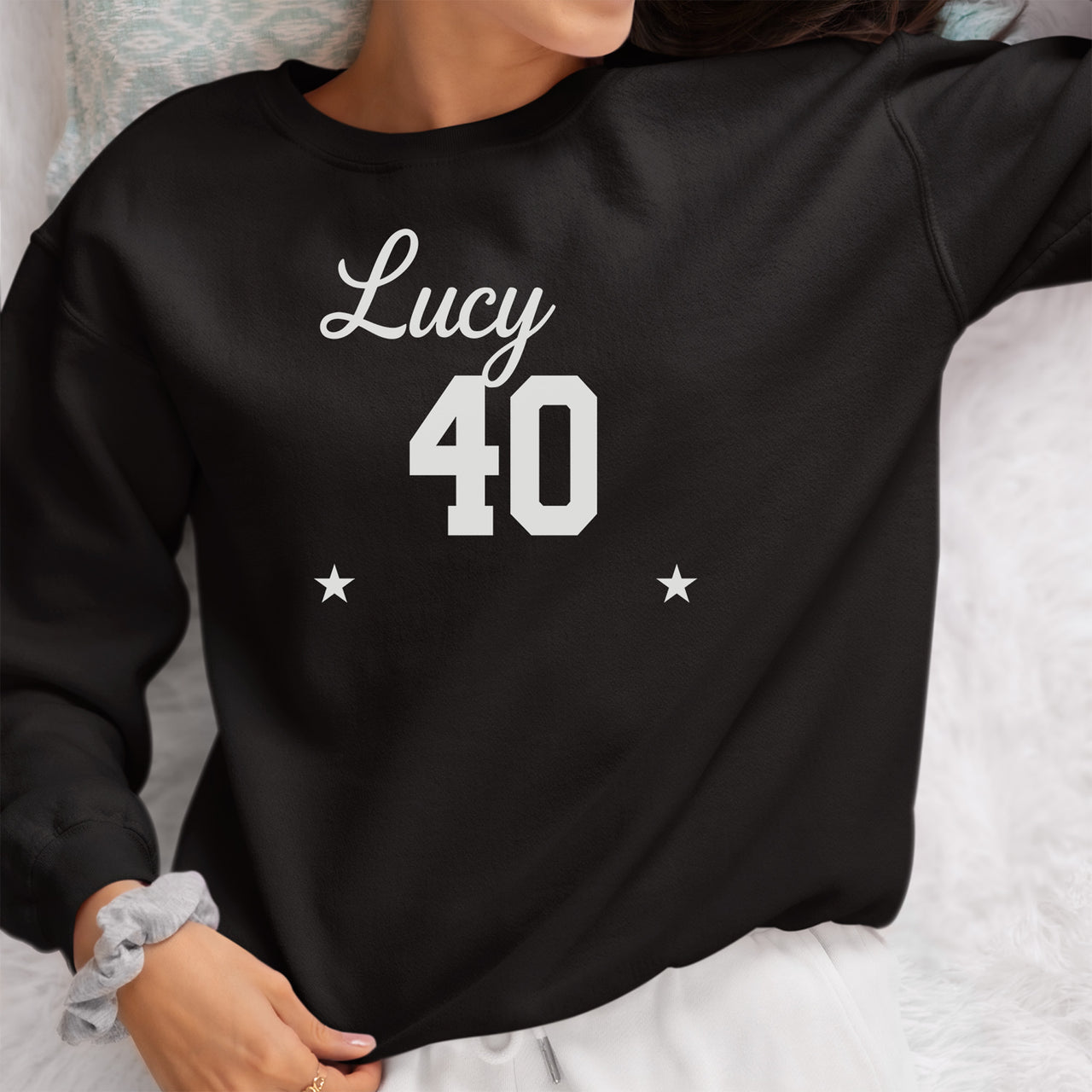 Name & Age Birthday Iron-On Transfer shown on a sweatshirt