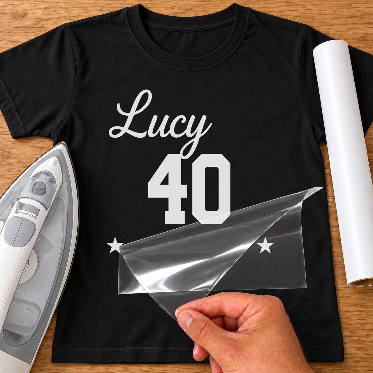 Black T-shirt with white 'Lucy' script, varsity '40' and two stars iron-on transfer, iron and white vinyl roll