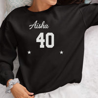 Name & Age Birthday Iron-On Transfer shown on a sweatshirt