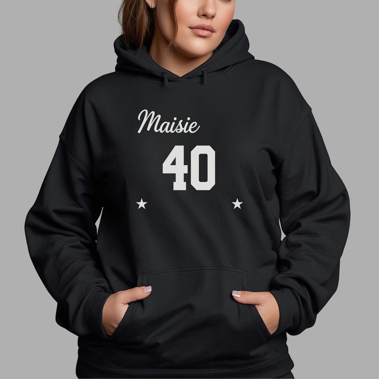 Name &amp; Age Birthday Iron-On Transfer shown on a hoodie