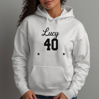 Name & Age Birthday Iron-On Transfer shown on a hoodie