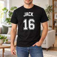 Black T-shirt with the Birthday Jersey Name and Age design printed on the chest
