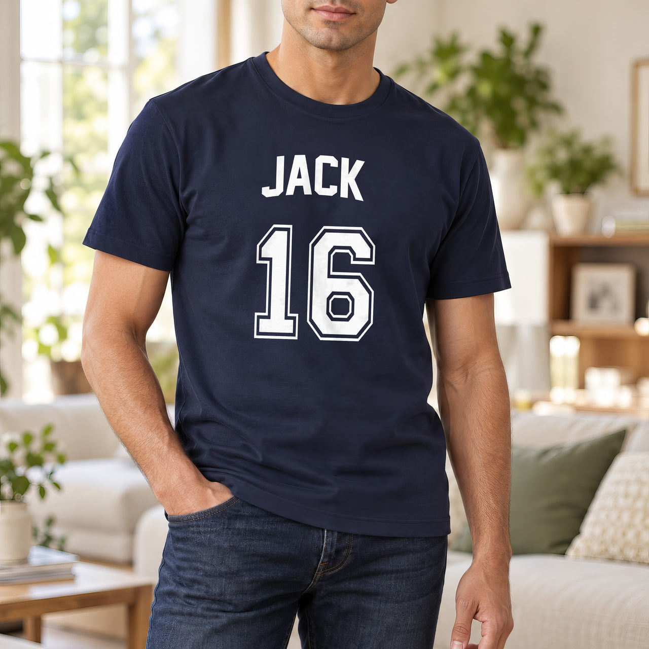 Navy T-shirt with the Birthday Jersey Name and Age design printed on the chest