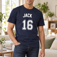 Navy T-shirt with the Birthday Jersey Name and Age design printed on the chest