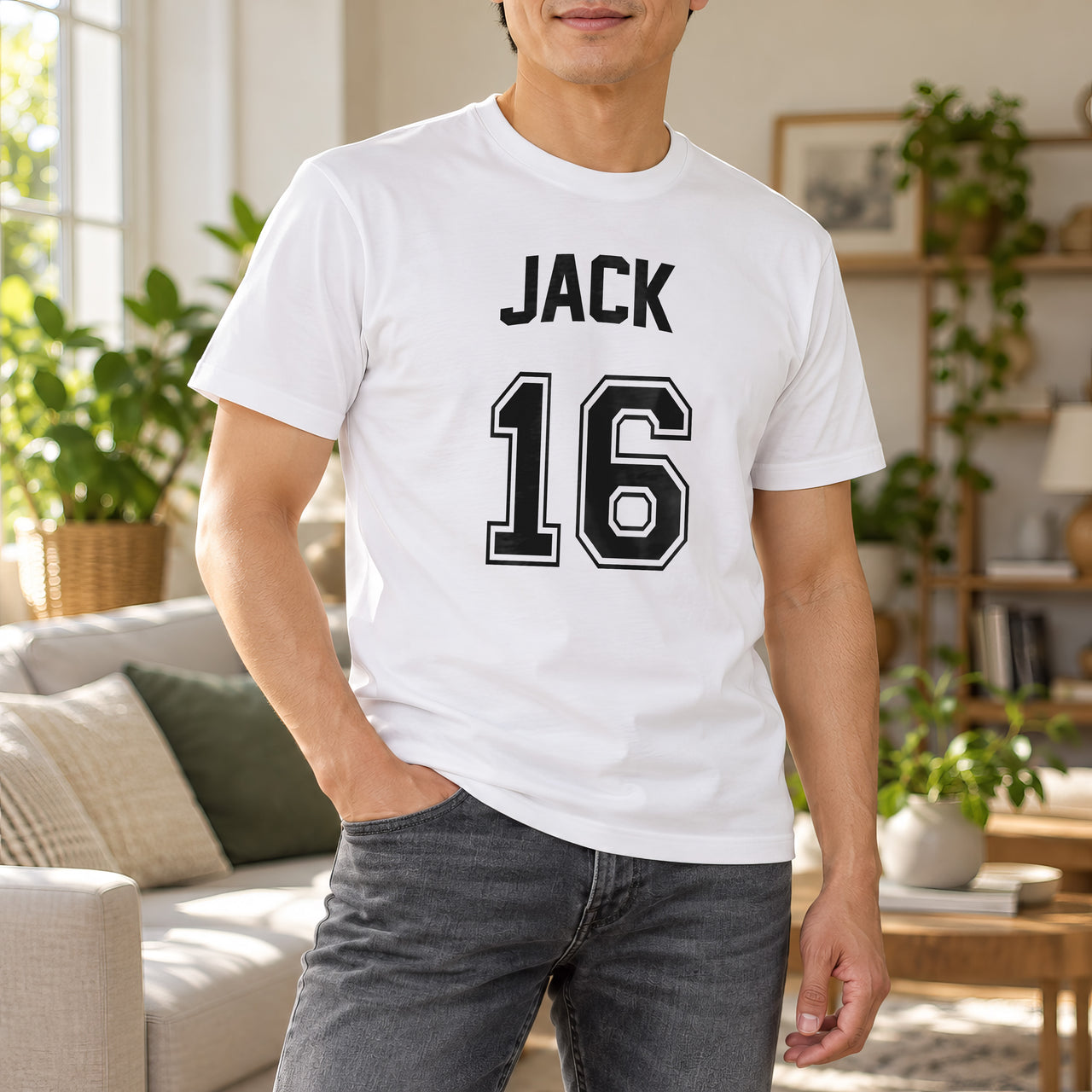 White T-shirt with the Birthday Jersey Name and Age design printed on the chest