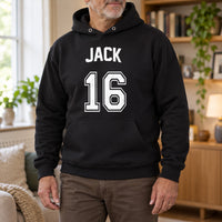 Black hoodie with the Birthday Jersey Name and Age design printed on the chest