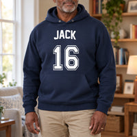 Navy hoodie with the Birthday Jersey Name and Age design printed on the chest