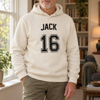 Sand hoodie with the Birthday Jersey Name and Age design printed on the chest