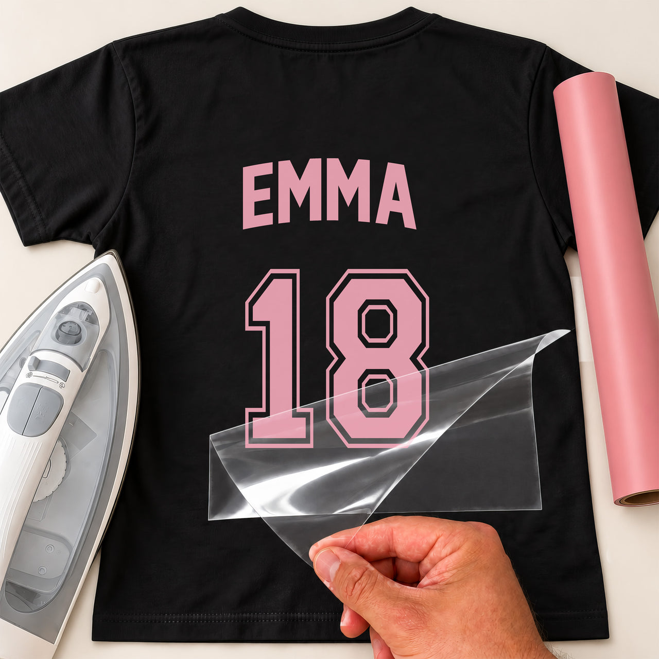 Black T-shirt back with pink 'EMMA' and varsity '18', name and number jersey iron-on transfer