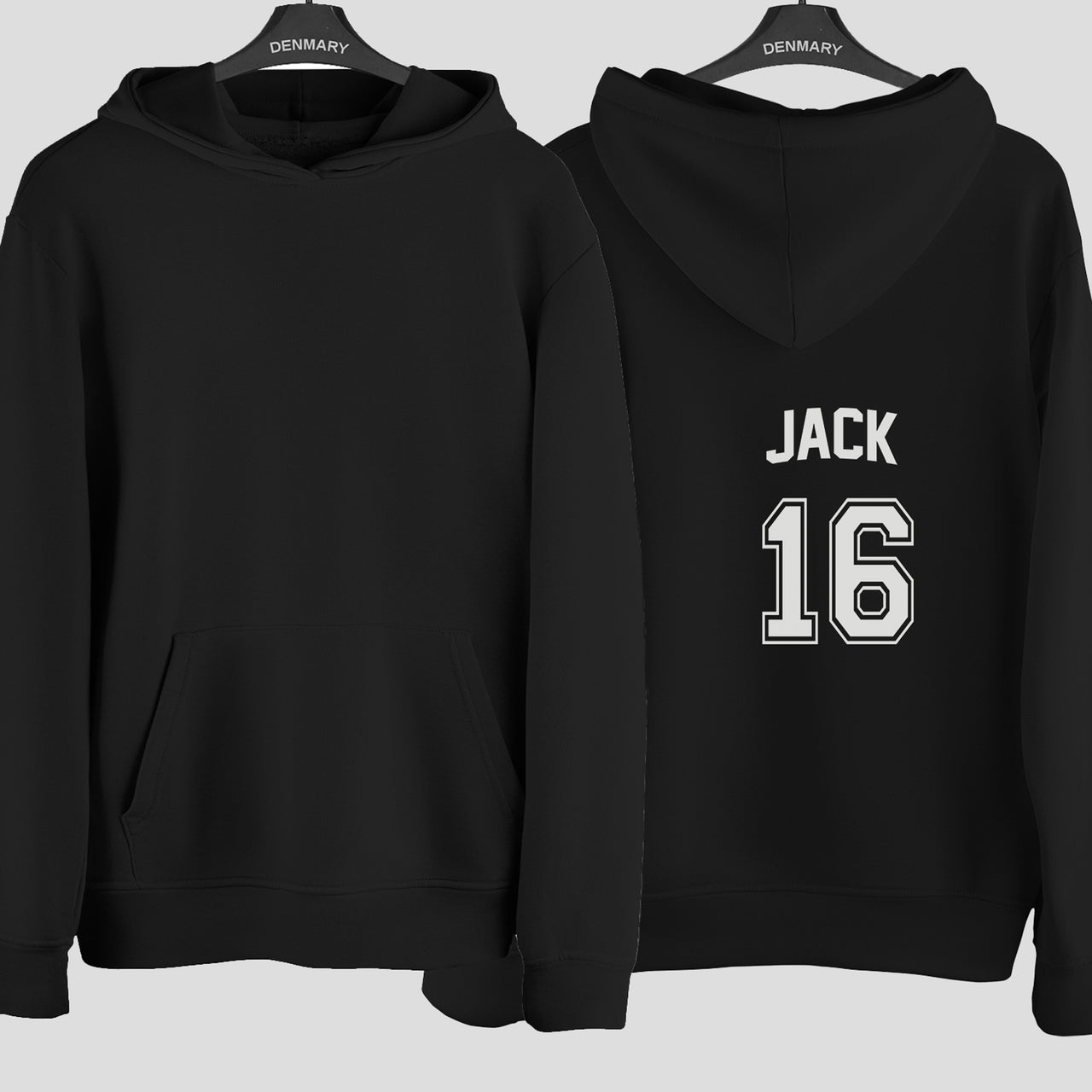 Name & Number Birthday Jersey Iron-On Transfer - Personalised Sports Number Design shown on a hoodie