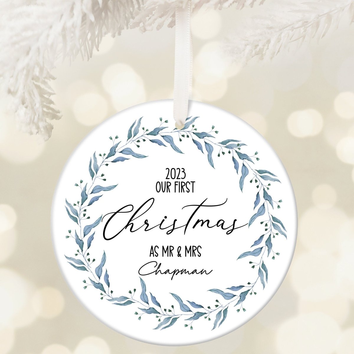 Newlyweds' First Christmas Bauble - Personalised Mr & Mrs Ornament - Keepsake Gift - DENMARY