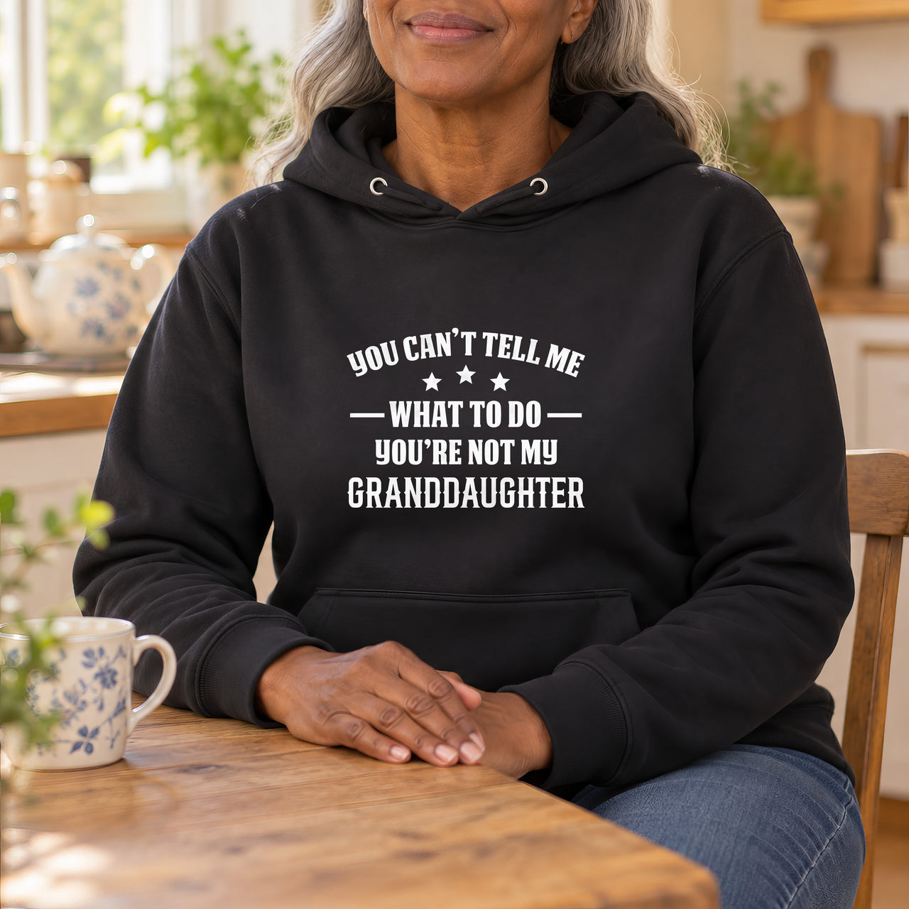 Black hoodie with the Not My Granddaughter design printed on the chest