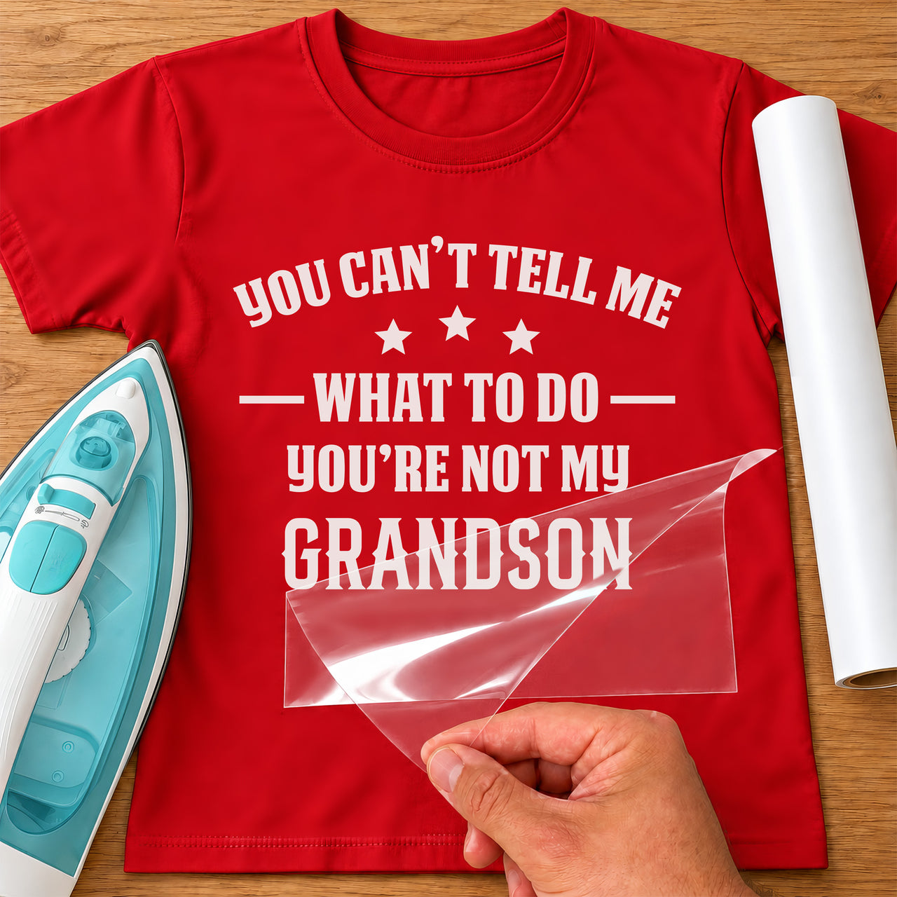 Red T-shirt mockup with white "YOU CAN'T TELL ME WHAT TO DO YOU'RE NOT MY GRANDSON" and three stars