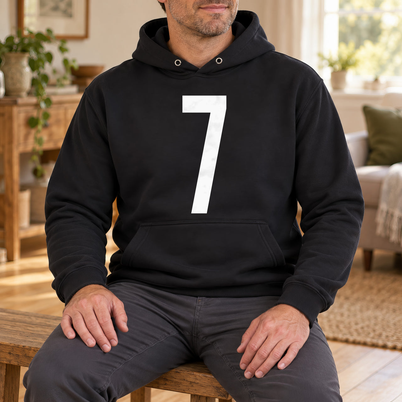 Black hoodie with the Big Number design printed on the chest