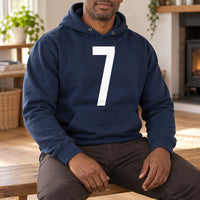 Navy hoodie with the Big Number design printed on the chest