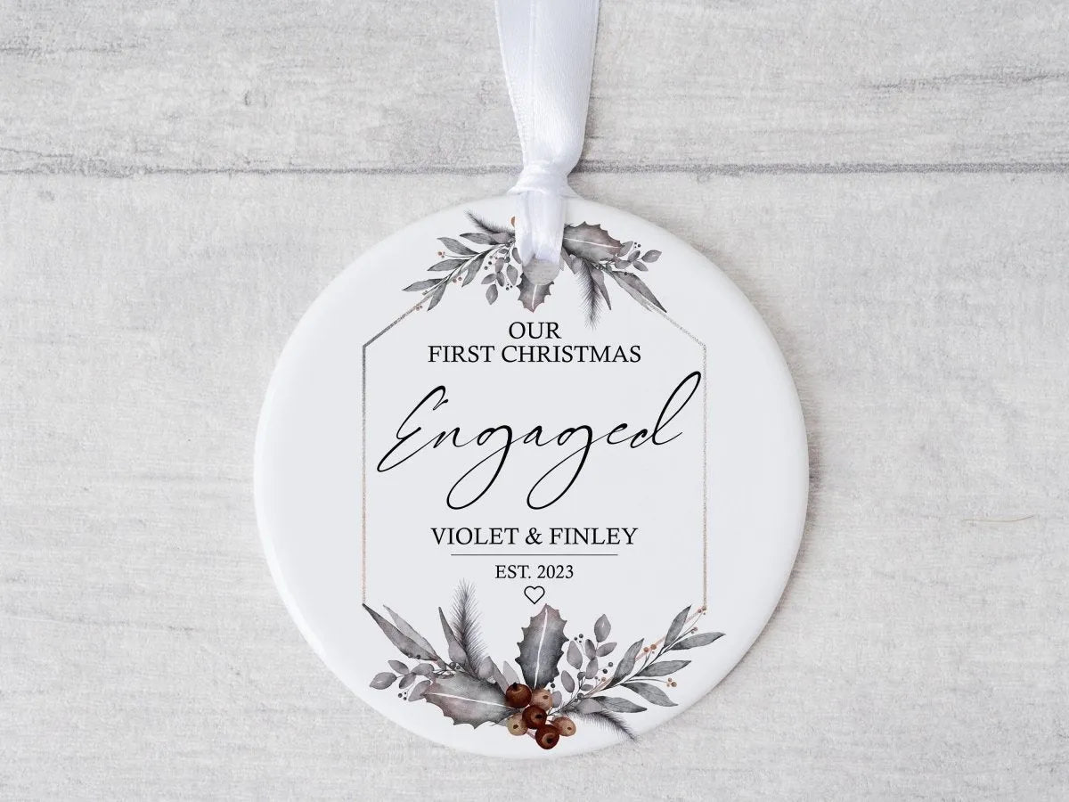 Our First Christmas Engaged - Personalised Ceramic Bauble - Keepsake Ornament - DENMARY