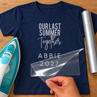 Navy T-shirt with silver 'OUR LAST SUMMER Together ABBIE 2027', personalised iron-on vinyl transfer