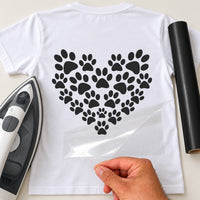 White T-shirt with black heart made of paw prints, pet lover iron-on vinyl transfer