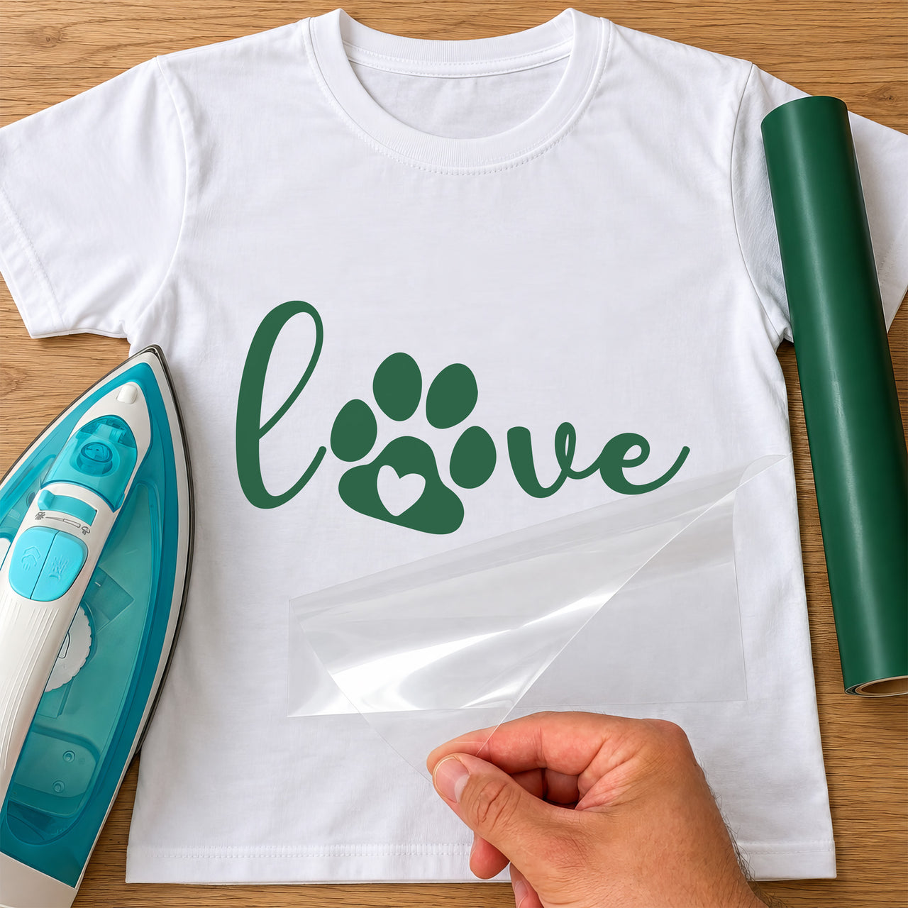 White T-shirt with green iron-on vinyl script 'love' with a paw print as the o, iron beside