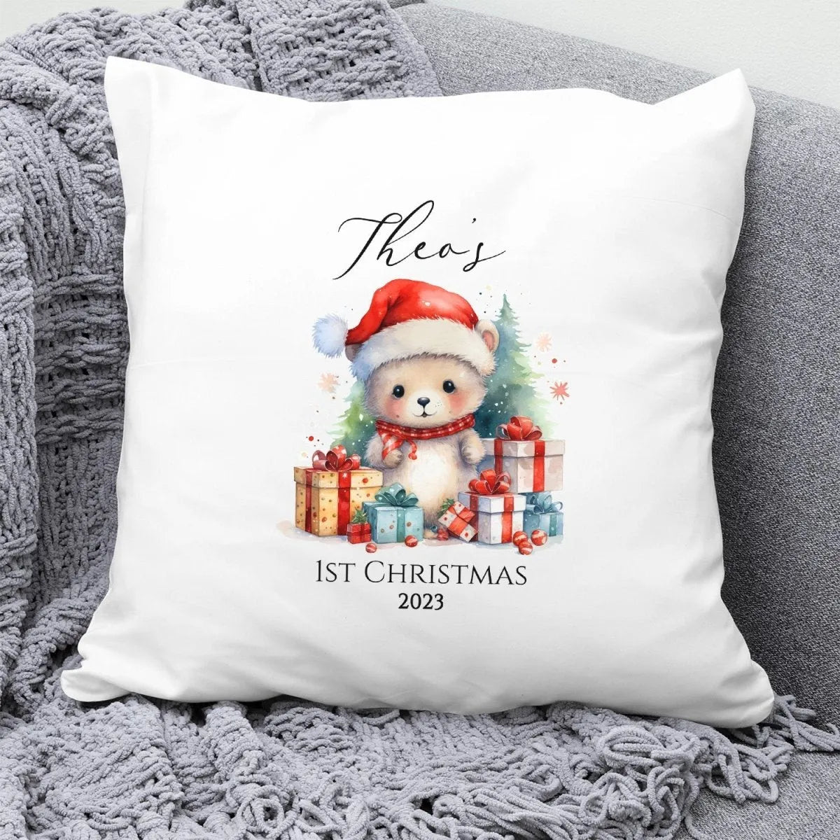 Personalised Baby's 1st Christmas Cushion - Cute Bear & Gifts Design - DENMARY